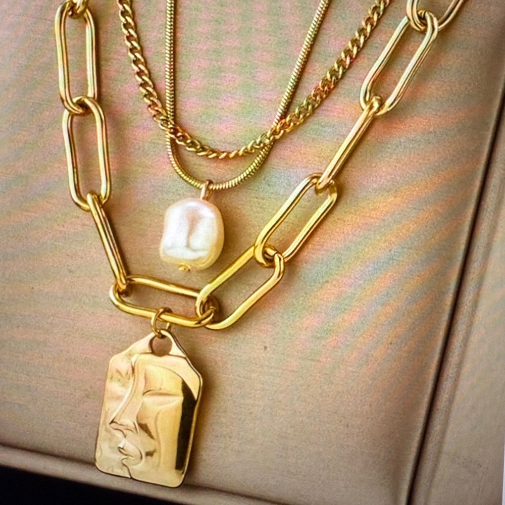 Gold 3 Layer Necklace with Pearl Accent